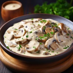 Eine Schale mit Pilzrahmsauce